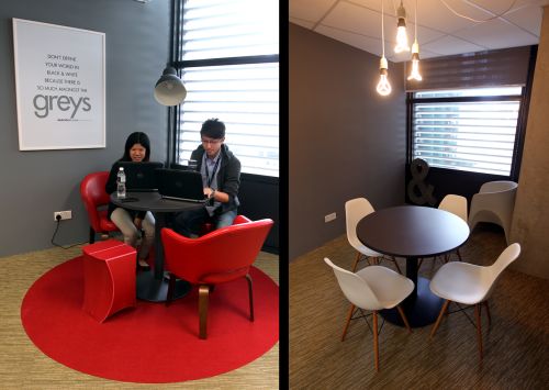 Frequently found throughout the office are chic breakout pods to promote productivity and communication.