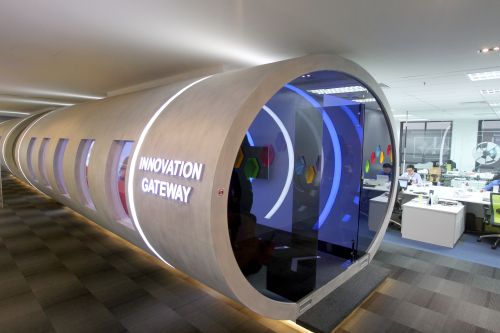 The innovation gateway - a meeting room that resembles a futuristic spaceship.