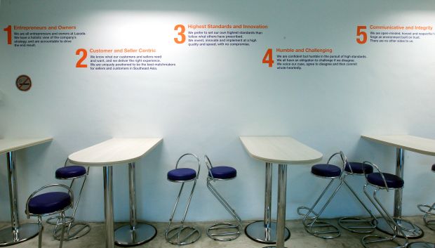 Company values are displayed stylishly at this discussion corner.